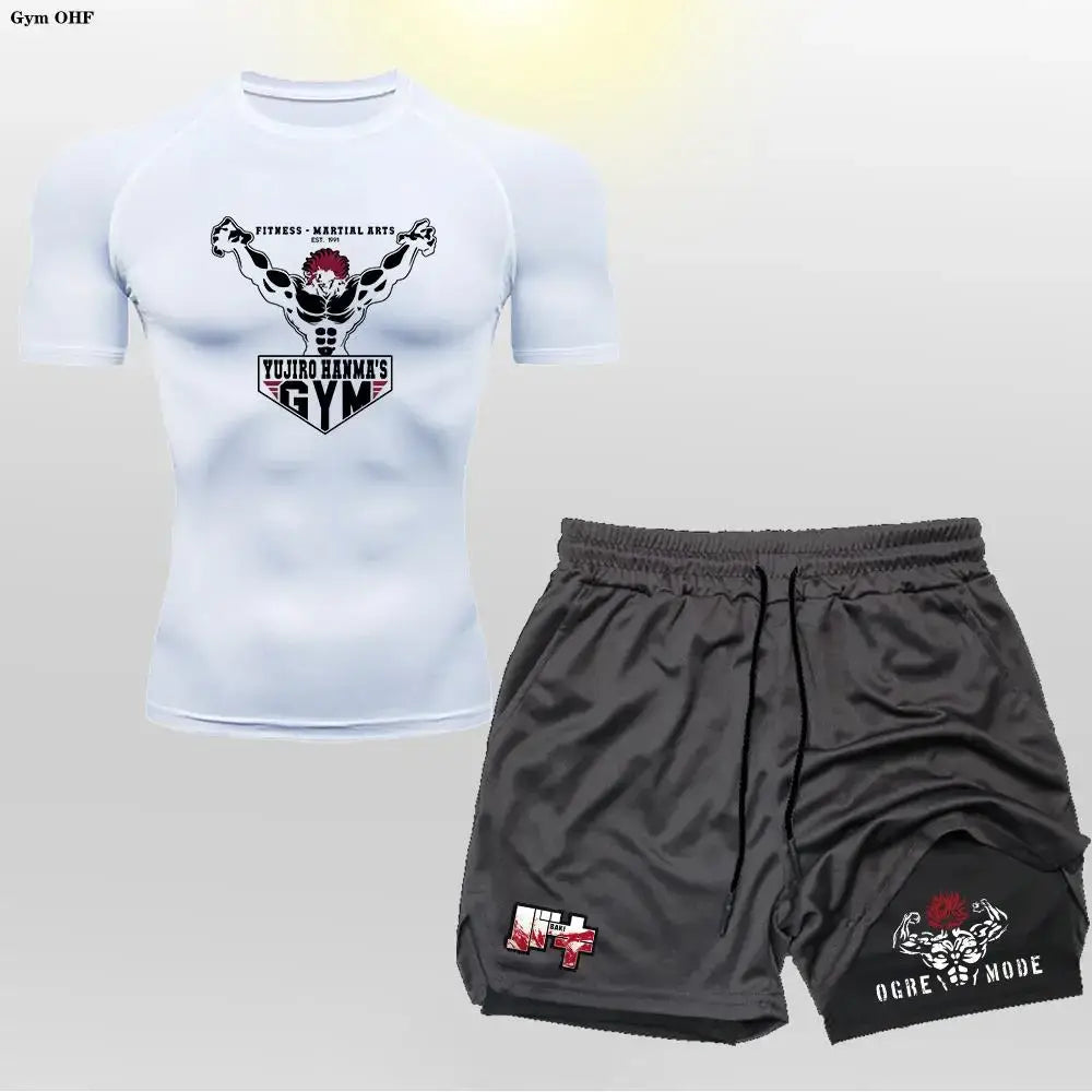 Anime 2 in 1 Shorts Compression Suits Men Sportswear Gym Training Clothes Workout Jogging Running Sport Set Rashguard MMA