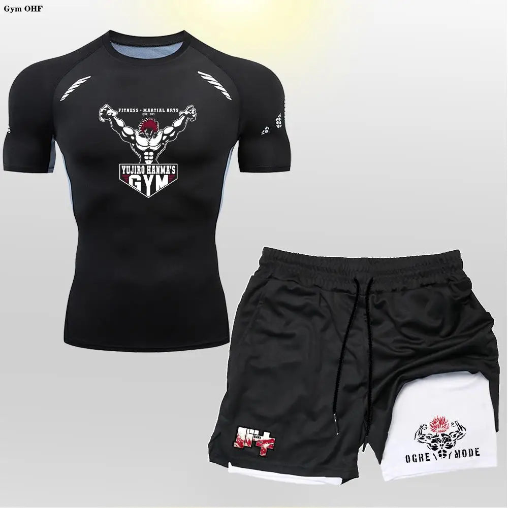 Anime 2 in 1 Shorts Compression Suits Men Sportswear Gym Training Clothes Workout Jogging Running Sport Set Rashguard MMA