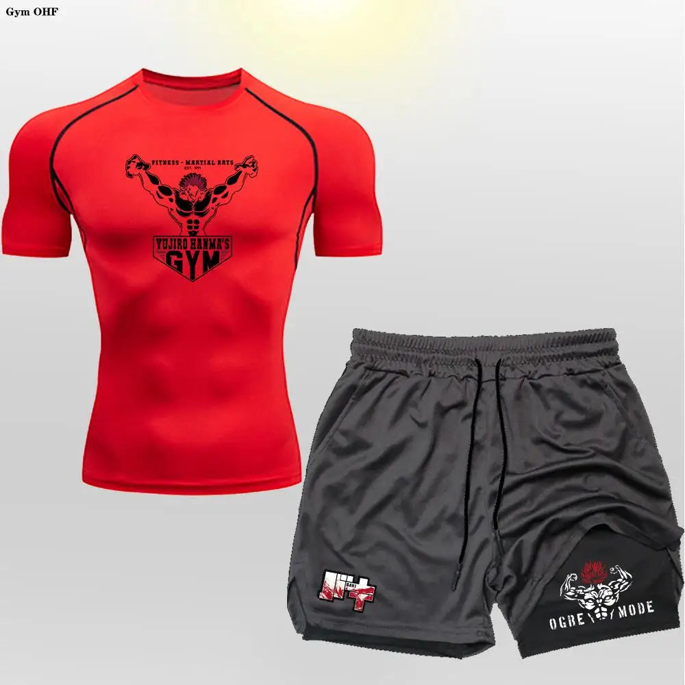 Anime 2 in 1 Shorts Compression Suits Men Sportswear Gym Training Clothes Workout Jogging Running Sport Set Rashguard MMA