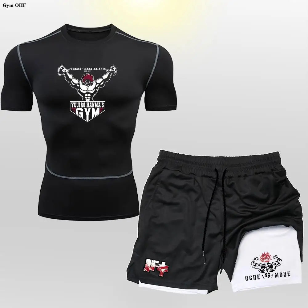Anime 2 in 1 Shorts Compression Suits Men Sportswear Gym Training Clothes Workout Jogging Running Sport Set Rashguard MMA