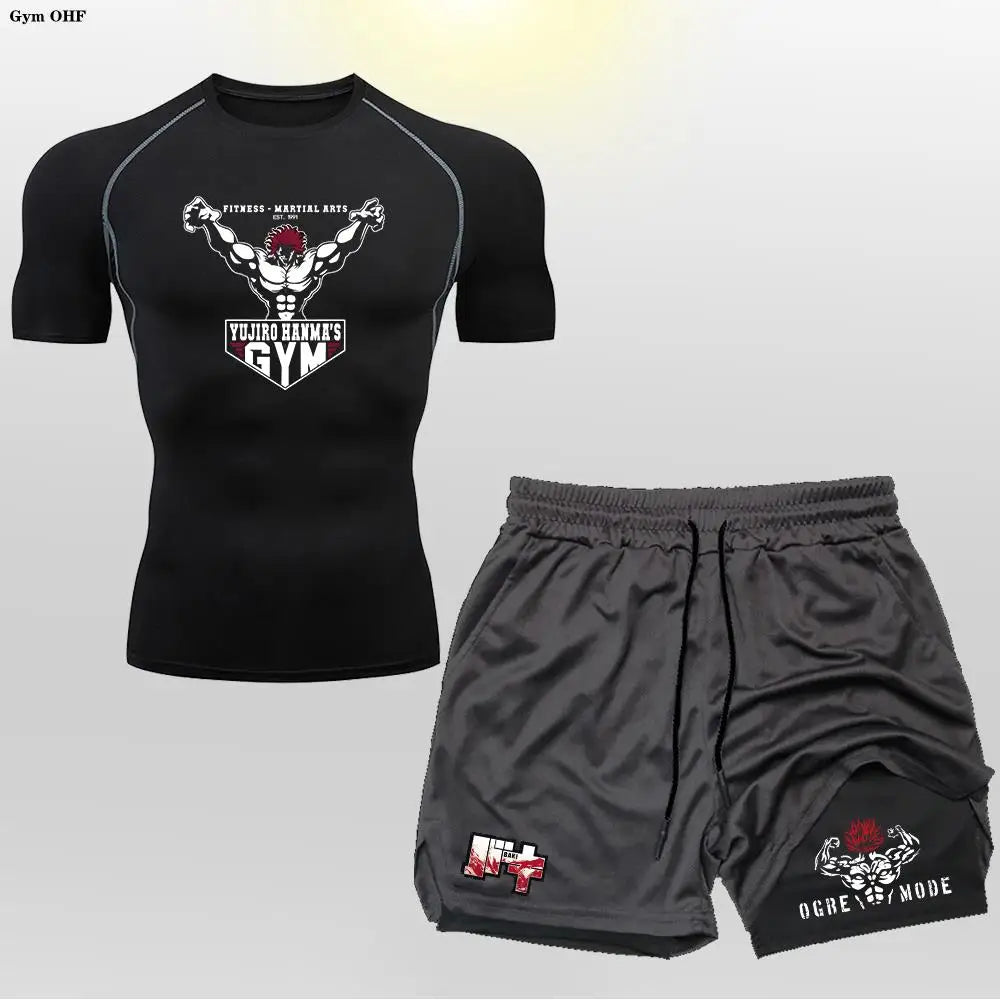 Anime 2 in 1 Shorts Compression Suits Men Sportswear Gym Training Clothes Workout Jogging Running Sport Set Rashguard MMA