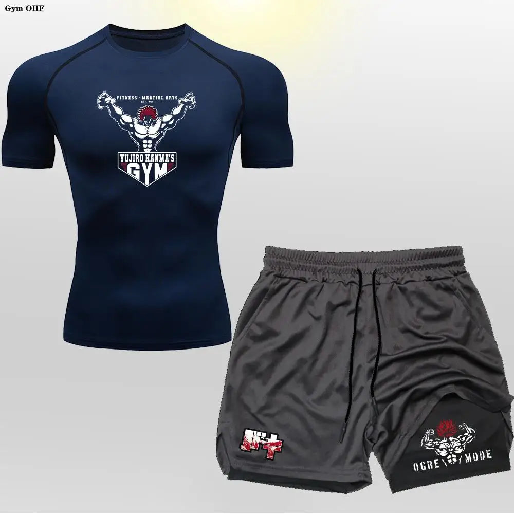 Anime 2 in 1 Shorts Compression Suits Men Sportswear Gym Training Clothes Workout Jogging Running Sport Set Rashguard MMA