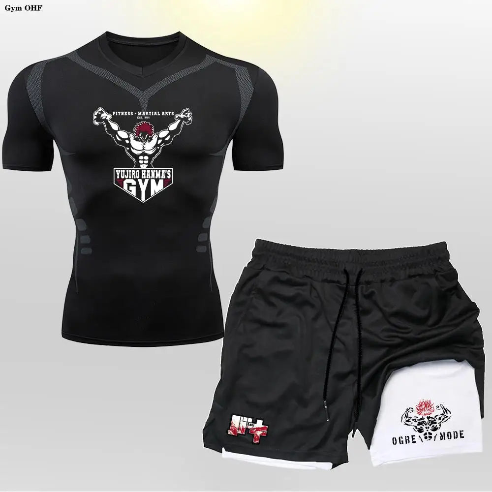 Anime 2 in 1 Shorts Compression Suits Men Sportswear Gym Training Clothes Workout Jogging Running Sport Set Rashguard MMA