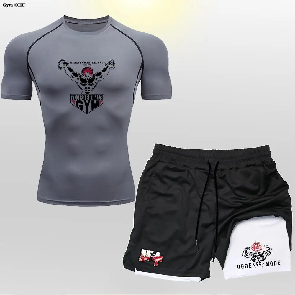 Anime 2 in 1 Shorts Compression Suits Men Sportswear Gym Training Clothes Workout Jogging Running Sport Set Rashguard MMA