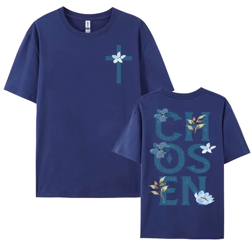 2025 Chosen Floral Aesthetic Bible Verse 100 Pure Cotton Printing T-shirts Trendy Christian Clothing Men&