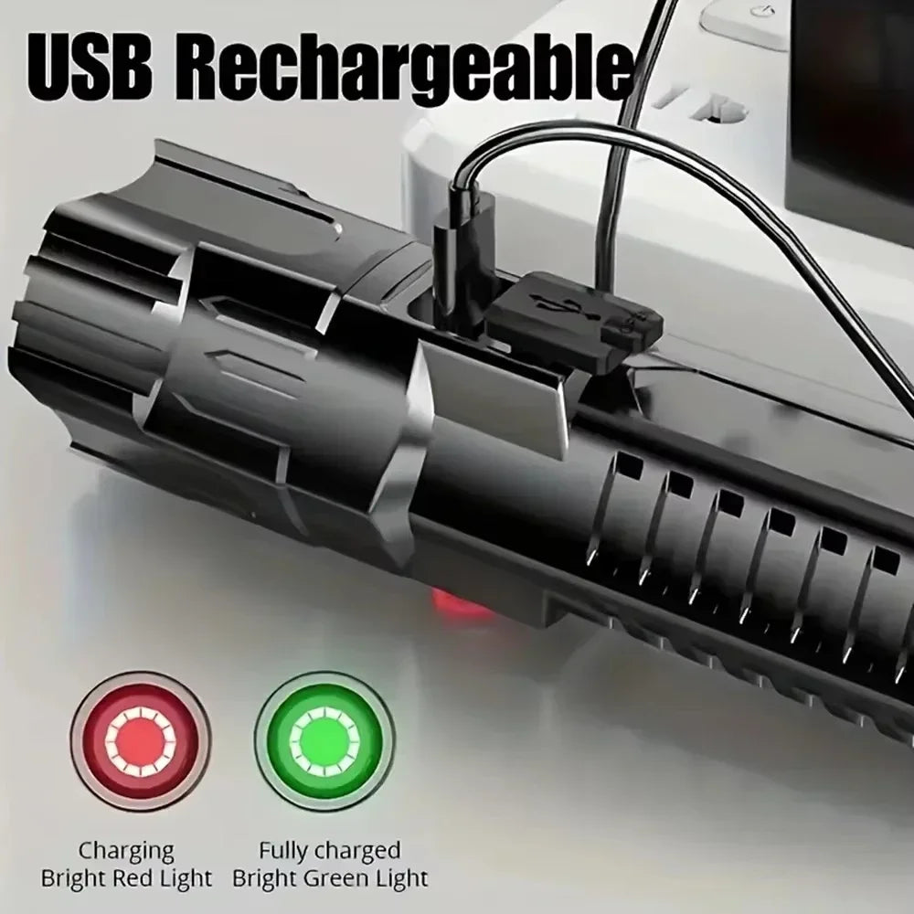 High Power Self Defense LED Flashlights USB Rechargeable Strong Hand Light Multifunctional Torch Lamp For Emergency Camping