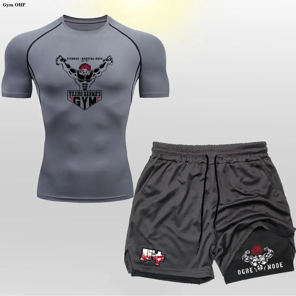 Anime 2 in 1 Shorts Compression Suits Men Sportswear Gym Training Clothes Workout Jogging Running Sport Set Rashguard MMA