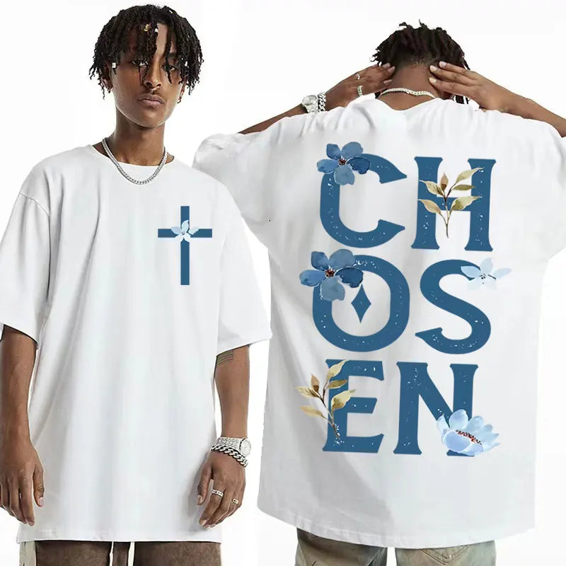 2025 Chosen Floral Aesthetic Bible Verse 100 Pure Cotton Printing T-shirts Trendy Christian Clothing Men&