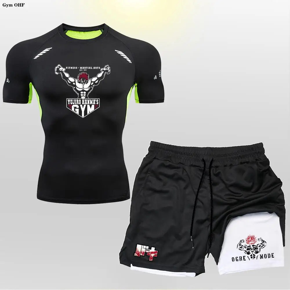 Anime 2 in 1 Shorts Compression Suits Men Sportswear Gym Training Clothes Workout Jogging Running Sport Set Rashguard MMA