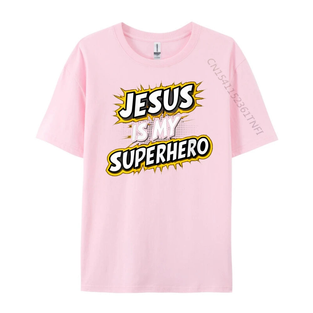 Womens Jesus Is My Superhero Christian God Religious Comic Boy Graphic Tees Men Men&