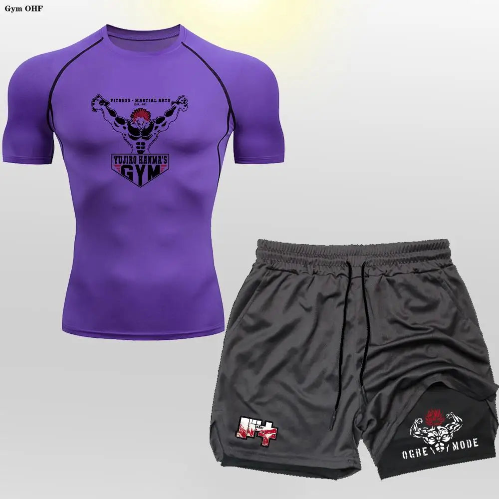 Anime 2 in 1 Shorts Compression Suits Men Sportswear Gym Training Clothes Workout Jogging Running Sport Set Rashguard MMA
