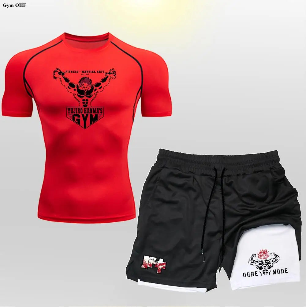 Anime 2 in 1 Shorts Compression Suits Men Sportswear Gym Training Clothes Workout Jogging Running Sport Set Rashguard MMA