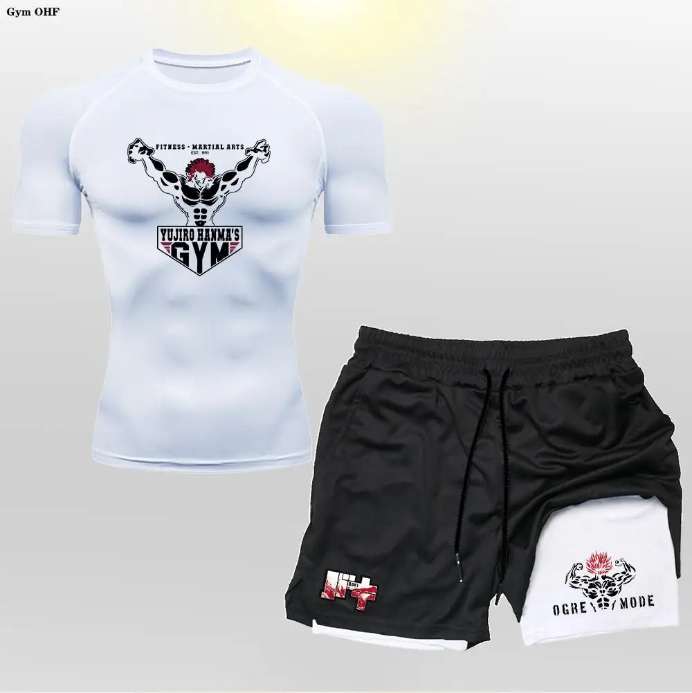 Anime 2 in 1 Shorts Compression Suits Men Sportswear Gym Training Clothes Workout Jogging Running Sport Set Rashguard MMA