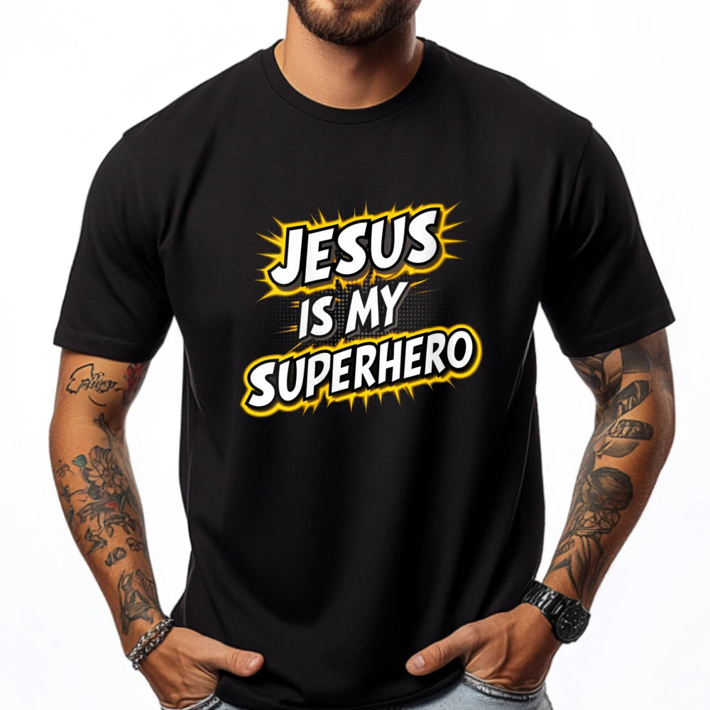Womens Jesus Is My Superhero Christian God Religious Comic Boy Graphic Tees Men Men&