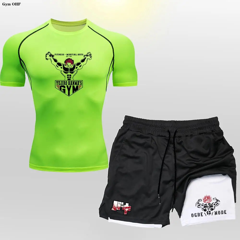 Anime 2 in 1 Shorts Compression Suits Men Sportswear Gym Training Clothes Workout Jogging Running Sport Set Rashguard MMA