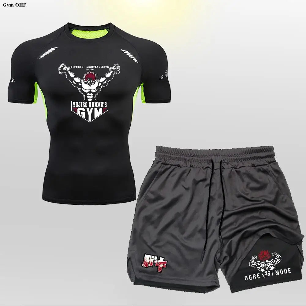 Anime 2 in 1 Shorts Compression Suits Men Sportswear Gym Training Clothes Workout Jogging Running Sport Set Rashguard MMA