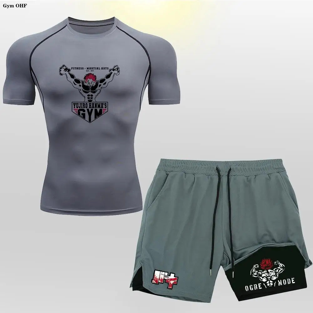 Anime 2 in 1 Shorts Compression Suits Men Sportswear Gym Training Clothes Workout Jogging Running Sport Set Rashguard MMA