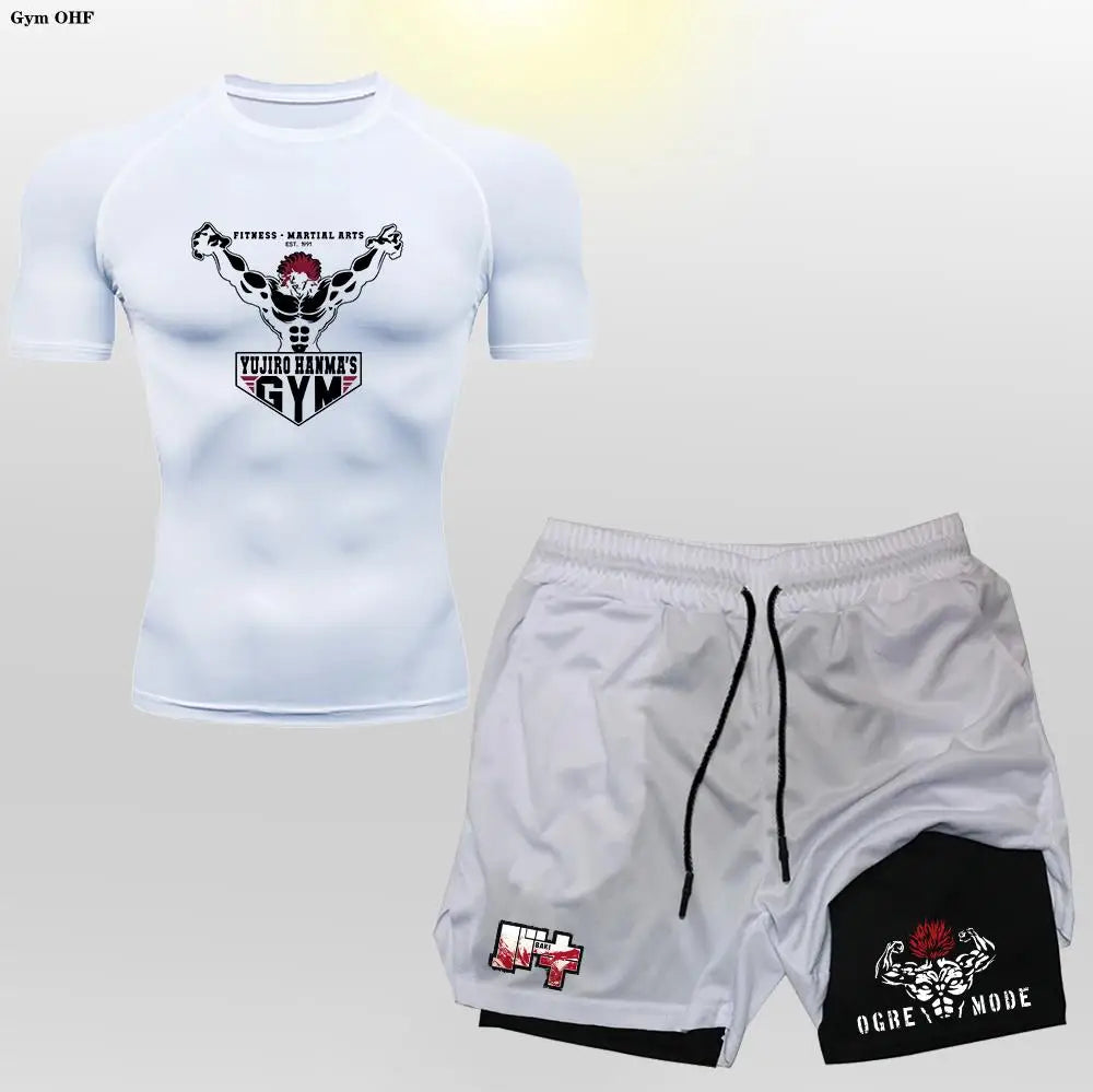 Anime 2 in 1 Shorts Compression Suits Men Sportswear Gym Training Clothes Workout Jogging Running Sport Set Rashguard MMA