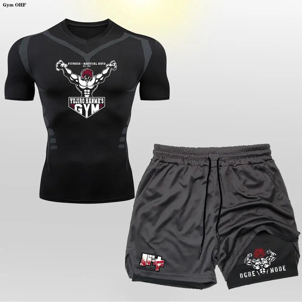 Anime 2 in 1 Shorts Compression Suits Men Sportswear Gym Training Clothes Workout Jogging Running Sport Set Rashguard MMA