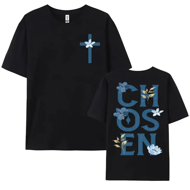 2025 Chosen Floral Aesthetic Bible Verse 100 Pure Cotton Printing T-shirts Trendy Christian Clothing Men&