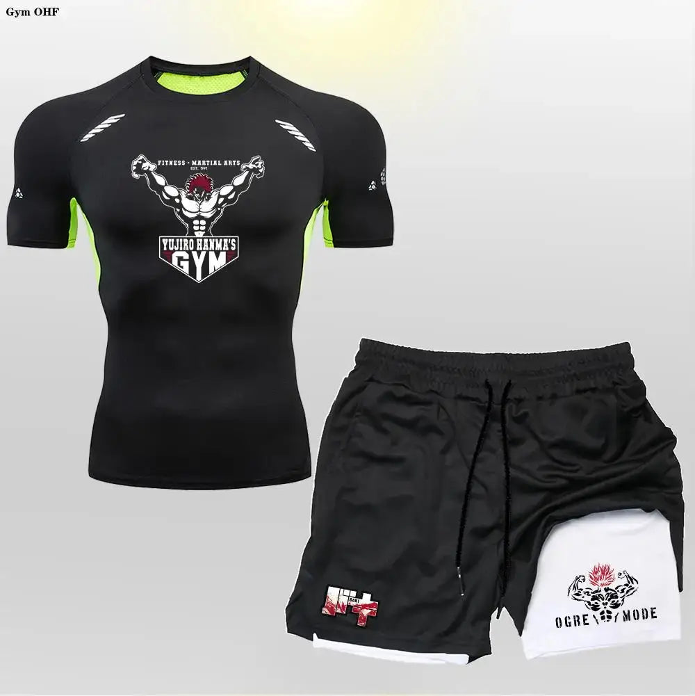 Anime 2 in 1 Shorts Compression Suits Men Sportswear Gym Training Clothes Workout Jogging Running Sport Set Rashguard MMA