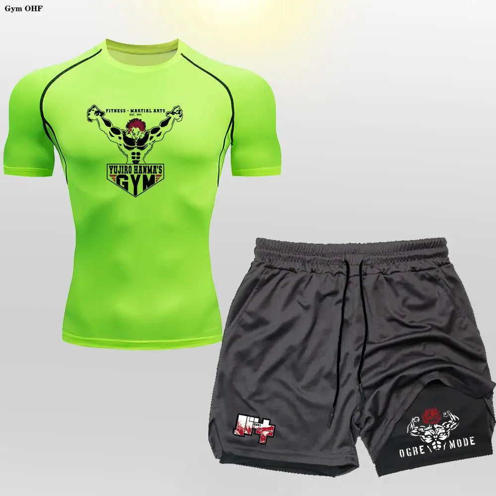 Anime 2 in 1 Shorts Compression Suits Men Sportswear Gym Training Clothes Workout Jogging Running Sport Set Rashguard MMA