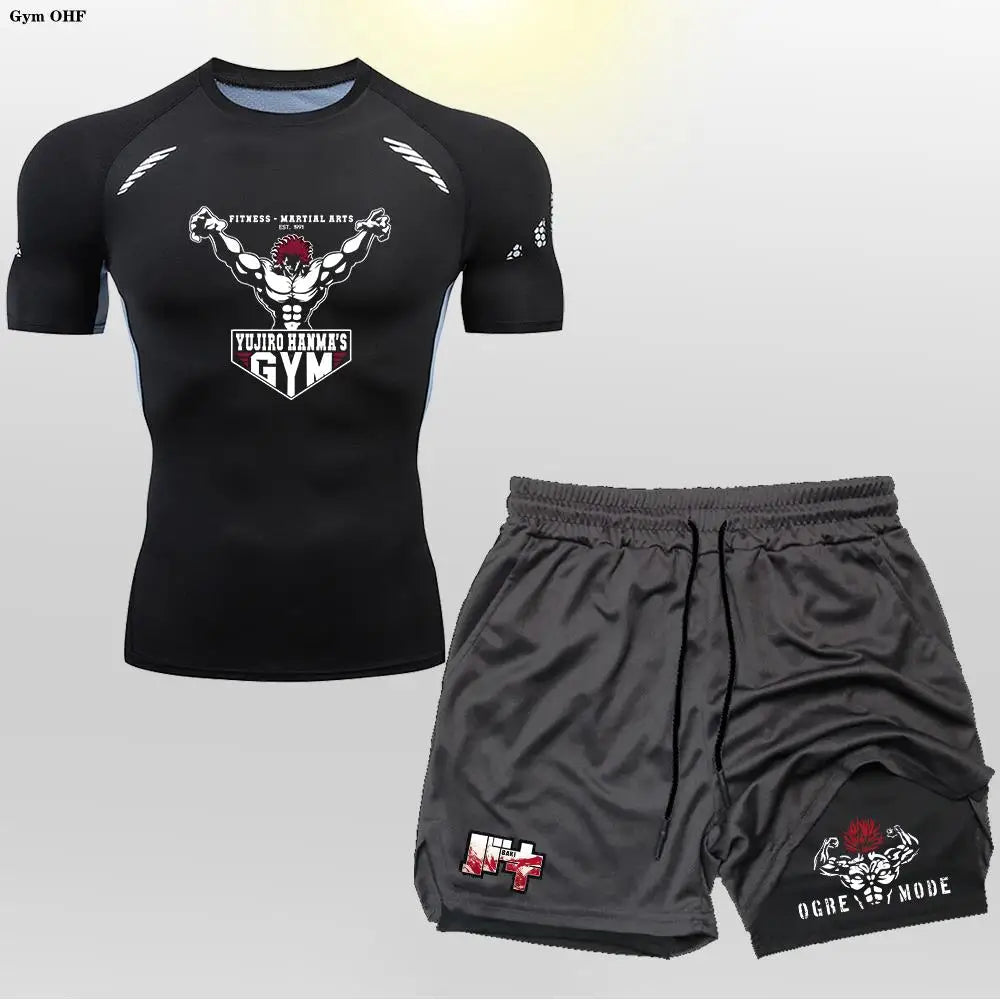 Anime 2 in 1 Shorts Compression Suits Men Sportswear Gym Training Clothes Workout Jogging Running Sport Set Rashguard MMA