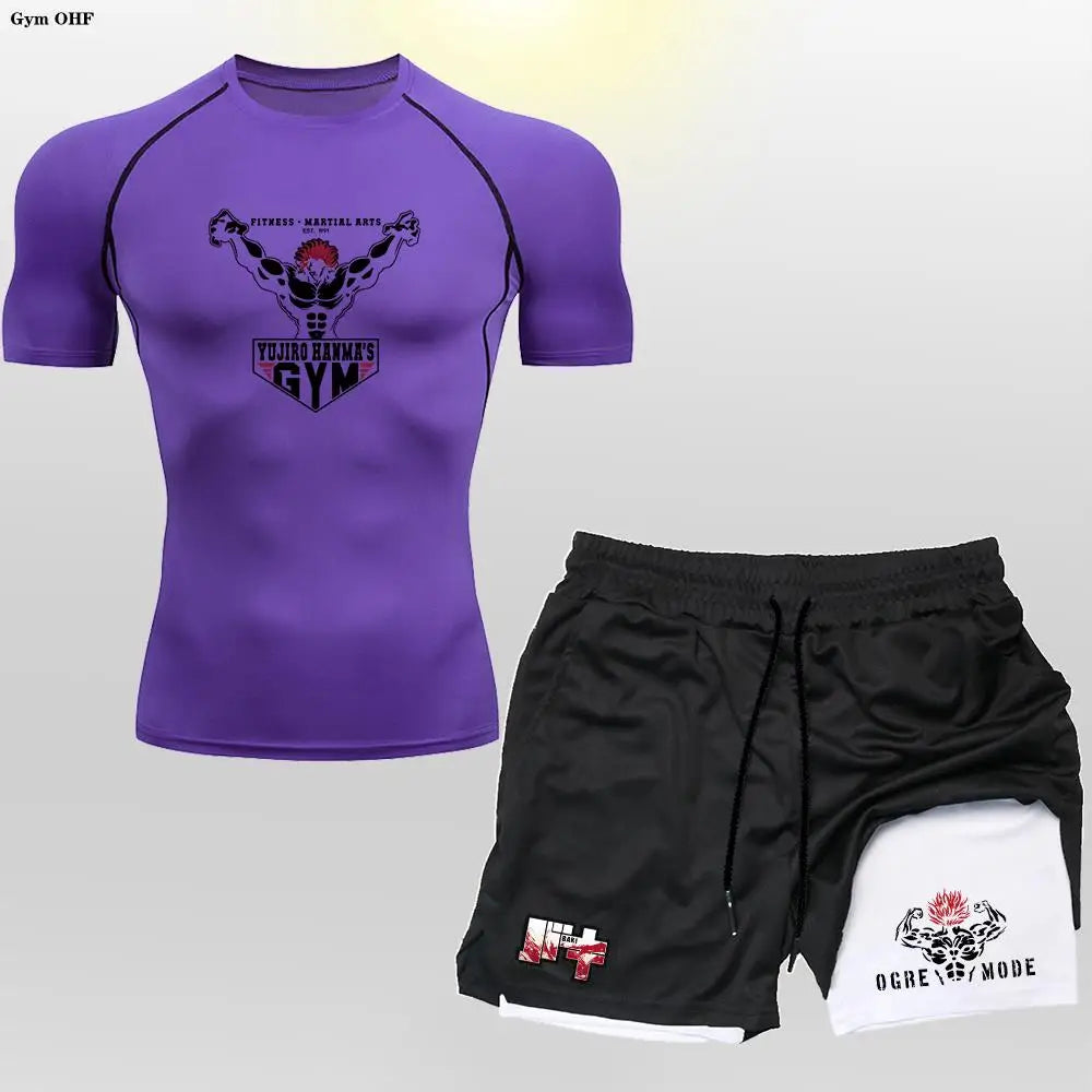 Anime 2 in 1 Shorts Compression Suits Men Sportswear Gym Training Clothes Workout Jogging Running Sport Set Rashguard MMA