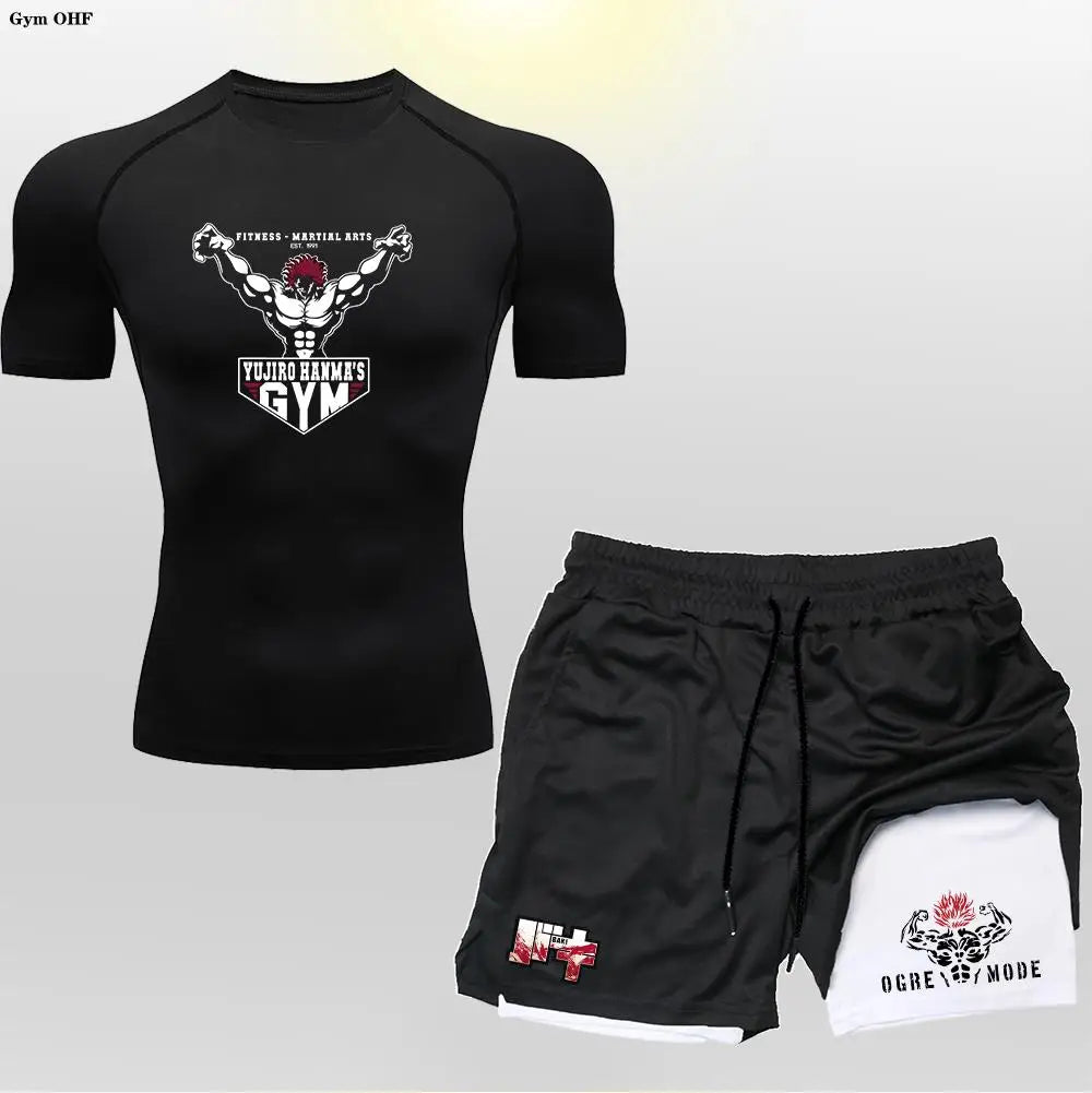 Anime 2 in 1 Shorts Compression Suits Men Sportswear Gym Training Clothes Workout Jogging Running Sport Set Rashguard MMA