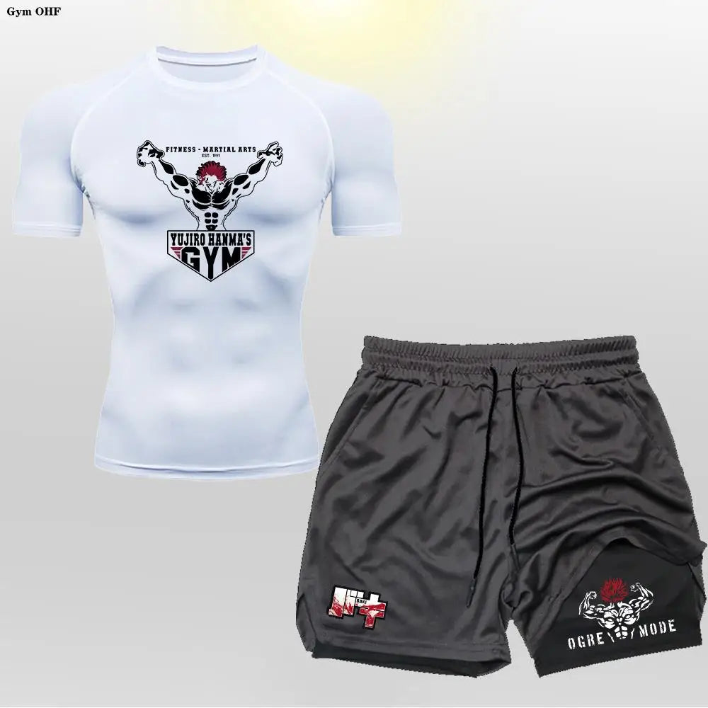 Anime 2 in 1 Shorts Compression Suits Men Sportswear Gym Training Clothes Workout Jogging Running Sport Set Rashguard MMA