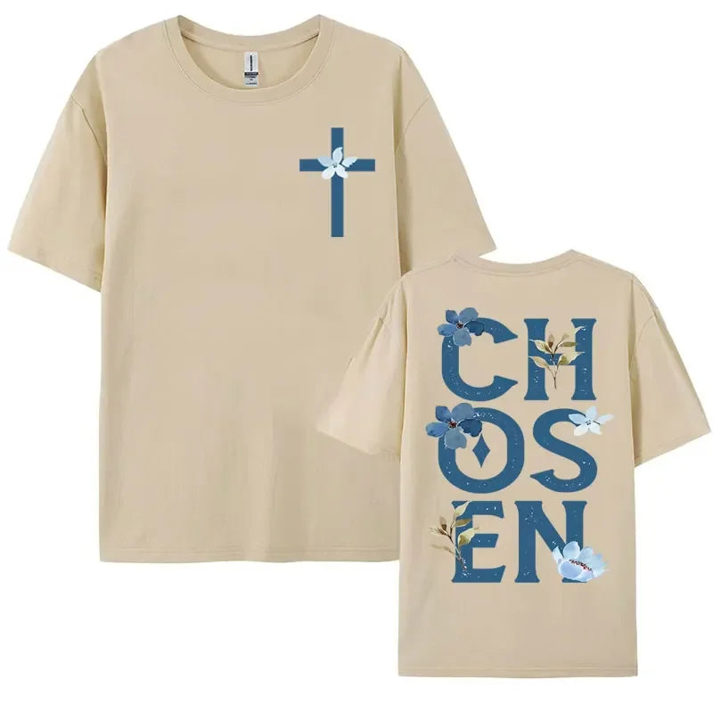 2025 Chosen Floral Aesthetic Bible Verse 100 Pure Cotton Printing T-shirts Trendy Christian Clothing Men&