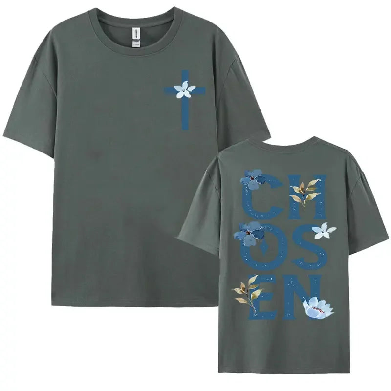 2025 Chosen Floral Aesthetic Bible Verse 100 Pure Cotton Printing T-shirts Trendy Christian Clothing Men&
