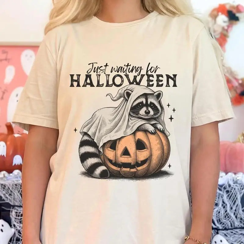 Just Waiting For Halloween T Shirt Raccoon Trendy Y2K Pumpkin Weirdcore