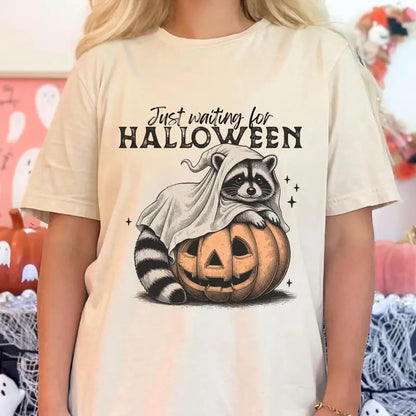 Just Waiting For Halloween T Shirt Raccoon Trendy Y2K Pumpkin Weirdcore