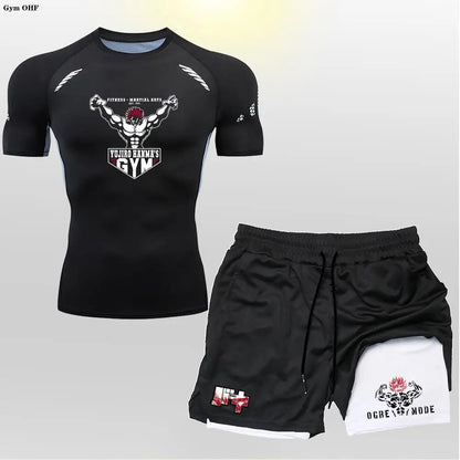 Anime 2 in 1 Shorts Compression Suits Men Sportswear Gym Training Clothes Workout Jogging Running Sport Set Rashguard MMA