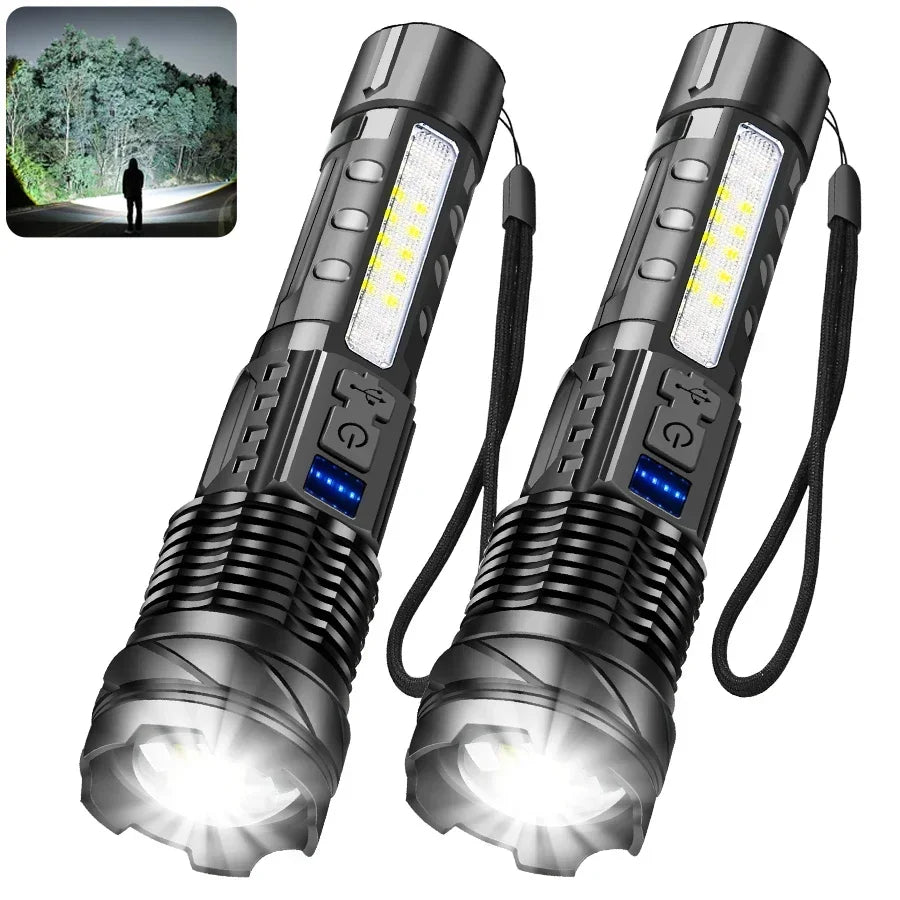 High Power Self Defense LED Flashlights USB Rechargeable Strong Hand Light Multifunctional Torch Lamp For Emergency Camping