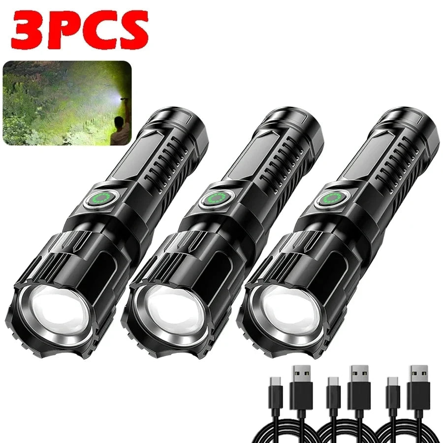 High Power Self Defense LED Flashlights USB Rechargeable Strong Hand Light Multifunctional Torch Lamp For Emergency Camping