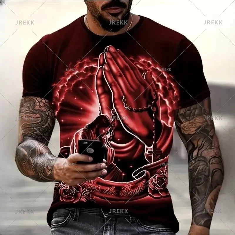 Christianity Pray T-Shirts Fashion 3D Jesus Print Tshirt For Men Clothing Casual O-neck Oversized Short Sleeve Male Tops Vintage