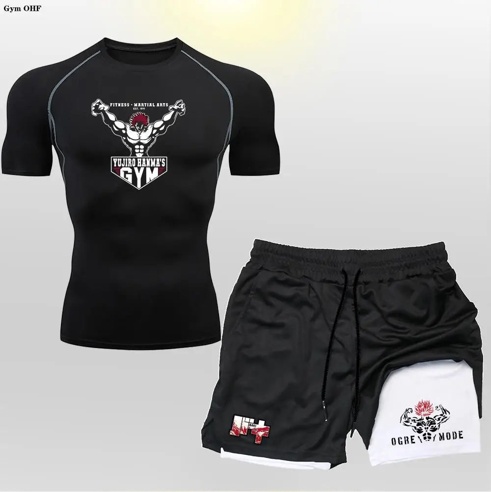 Anime 2 in 1 Shorts Compression Suits Men Sportswear Gym Training Clothes Workout Jogging Running Sport Set Rashguard MMA