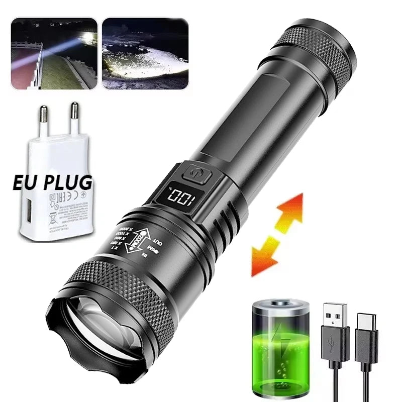 High Power Self Defense LED Flashlights USB Rechargeable Strong Hand Light Multifunctional Torch Lamp For Emergency Camping