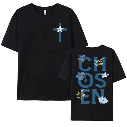 2025 Chosen Floral Aesthetic Bible Verse 100 Pure Cotton Printing T-shirts Trendy Christian Clothing Men&