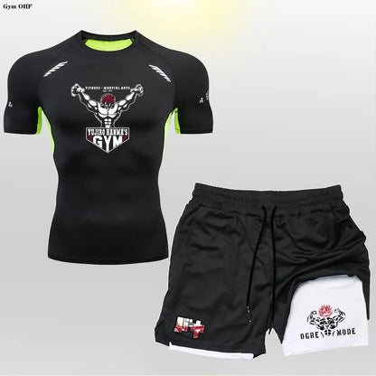 Anime 2 in 1 Shorts Compression Suits Men Sportswear Gym Training Clothes Workout Jogging Running Sport Set Rashguard MMA