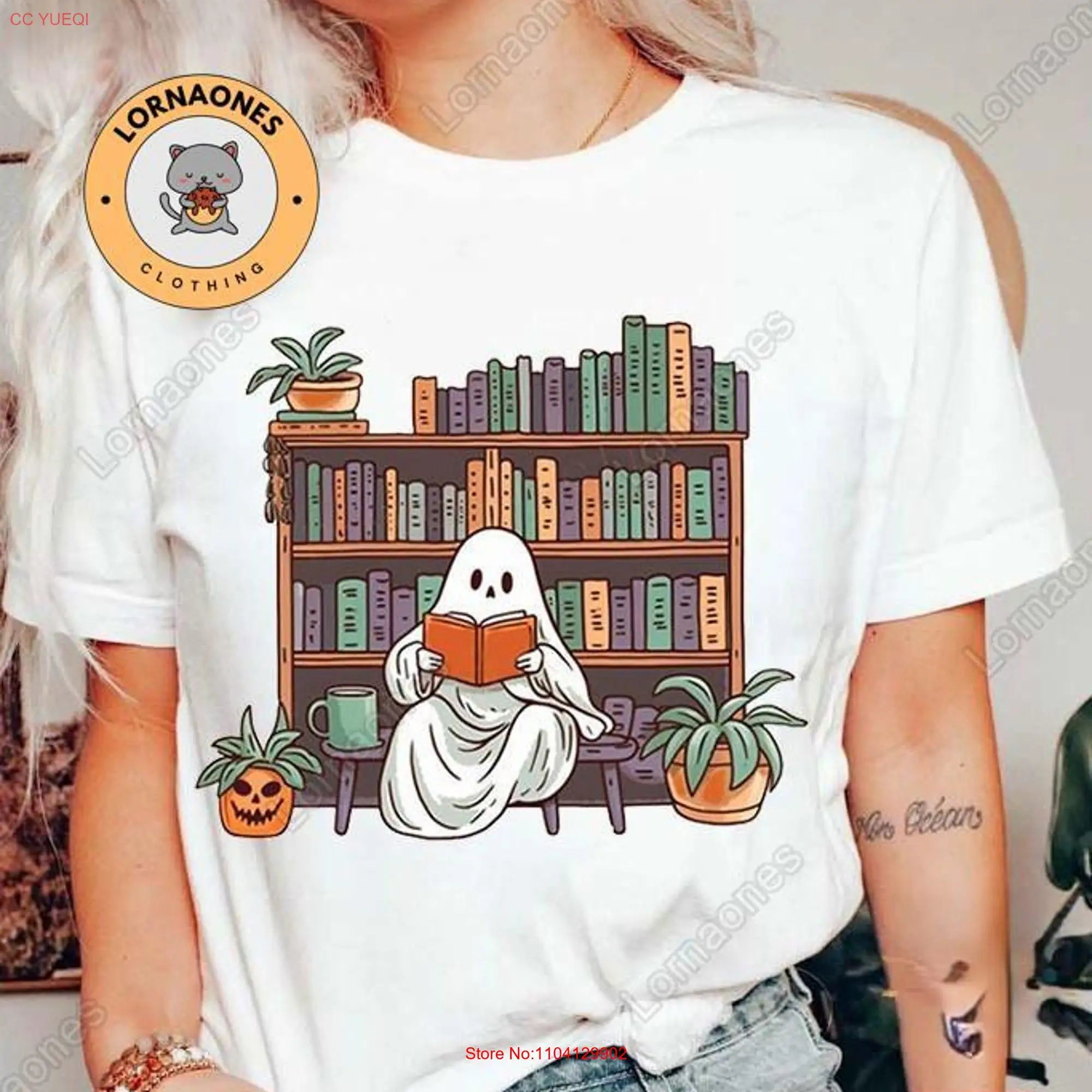 Halloween GhosT T Shirt Reading Library Book Lover School long or short sleeves